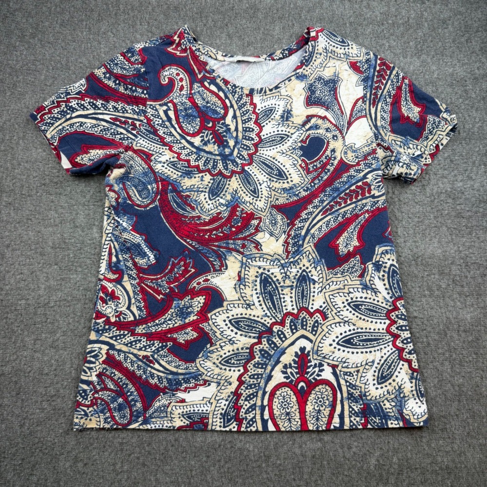 Christopher & Banks Paisley T-Shirt Women Medium Blue Red White Short Sleeve Top